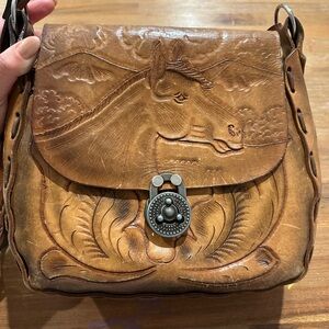 Vintage Brown Leather Bag with Unique Clasp, Horses